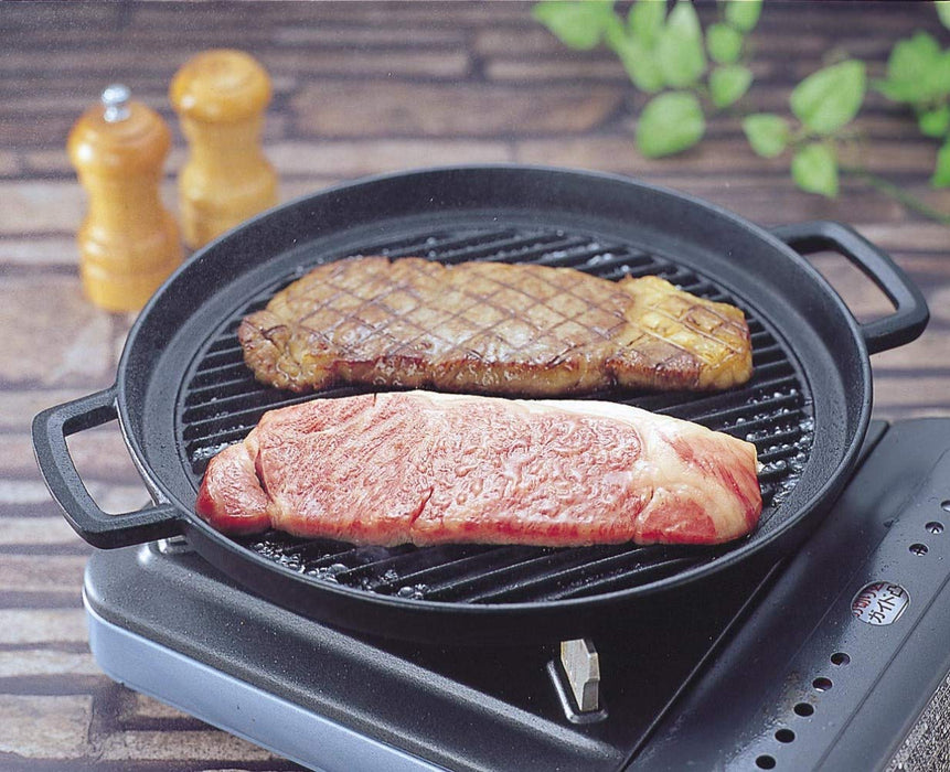 Iwachu 25Cm Round Grill Pan - Japanese Nambu Ironware | IH Compatible | Black Baked-Kiichin - The #1 Place for Japanese Goods in Your Hand!