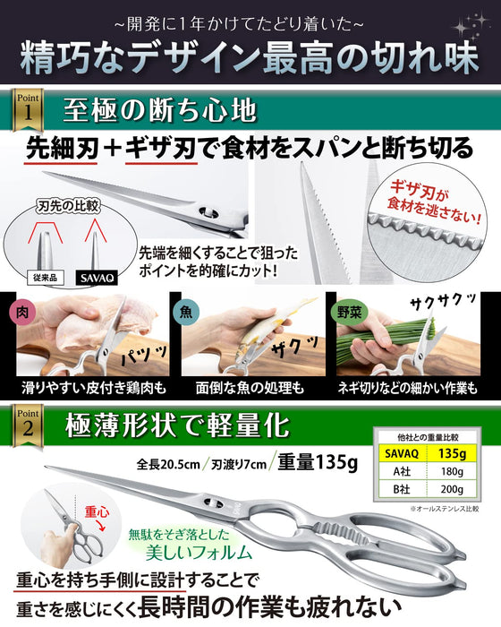 Savaq Professional Chef Supervised Kitchen Scissors - Japan Made, Stainless, Dishwasher Safe-Kiichin - The #1 Place for Japanese Goods in Your Hand!