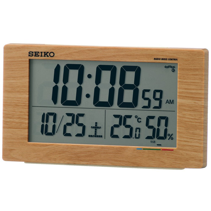 Seiko Clock Digital Alarm Table Clock with Radio Wave, Calendar, Temp & Humidity Display - Light Brown Wood Grain Sq784A-Kiichin - The #1 Place for Japanese Goods in Your Hand!