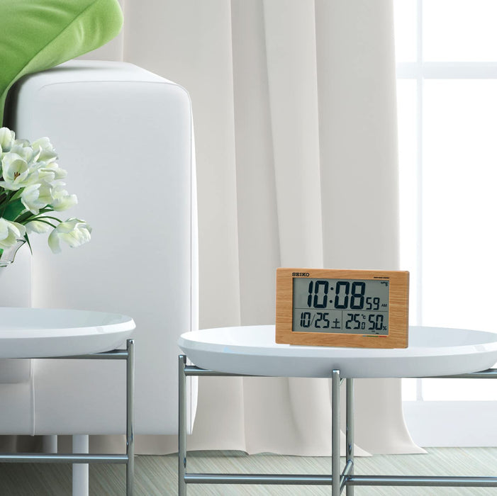 Seiko Clock Digital Alarm Table Clock with Radio Wave, Calendar, Temp & Humidity Display - Light Brown Wood Grain Sq784A-Kiichin - The #1 Place for Japanese Goods in Your Hand!