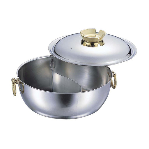 Wadasuke 25cm Stainless Steel Induction Shabu Shabu Hot Pot with Divider (Brass Handle)-Kiichin - The #1 Place for Japanese Goods in Your Hand!