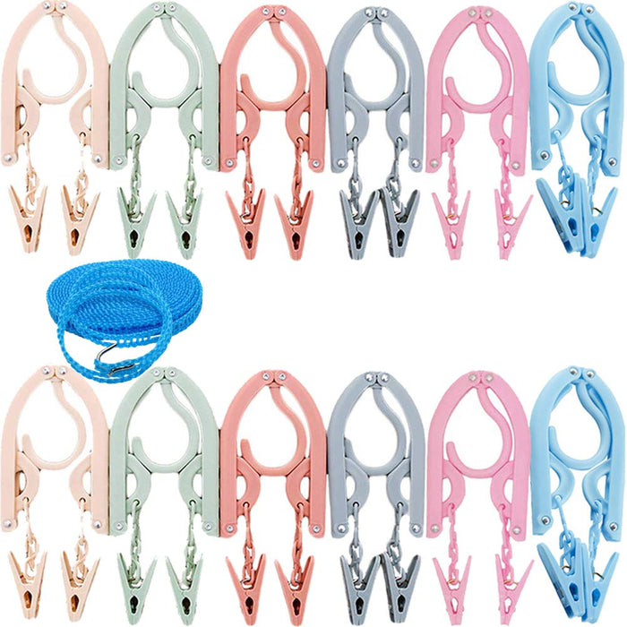 Yoooo Travel Hanger Set - Portable, Foldable, Lightweight - 12 Pcs, 1 Laundry Rope, 24 Pinches - 6 Colors - For Travel & Business Trips, Laundry Drying - Japan-Kiichin - The #1 Place for Japanese Goods in Your Hand!